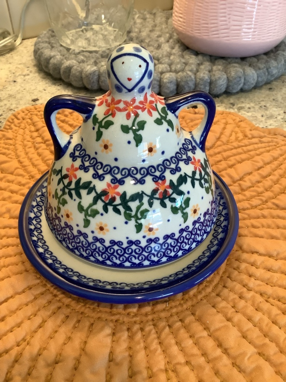 Polish Pottery Ceramic Hand Painted Butter | Cheese Dish  - Blue & White